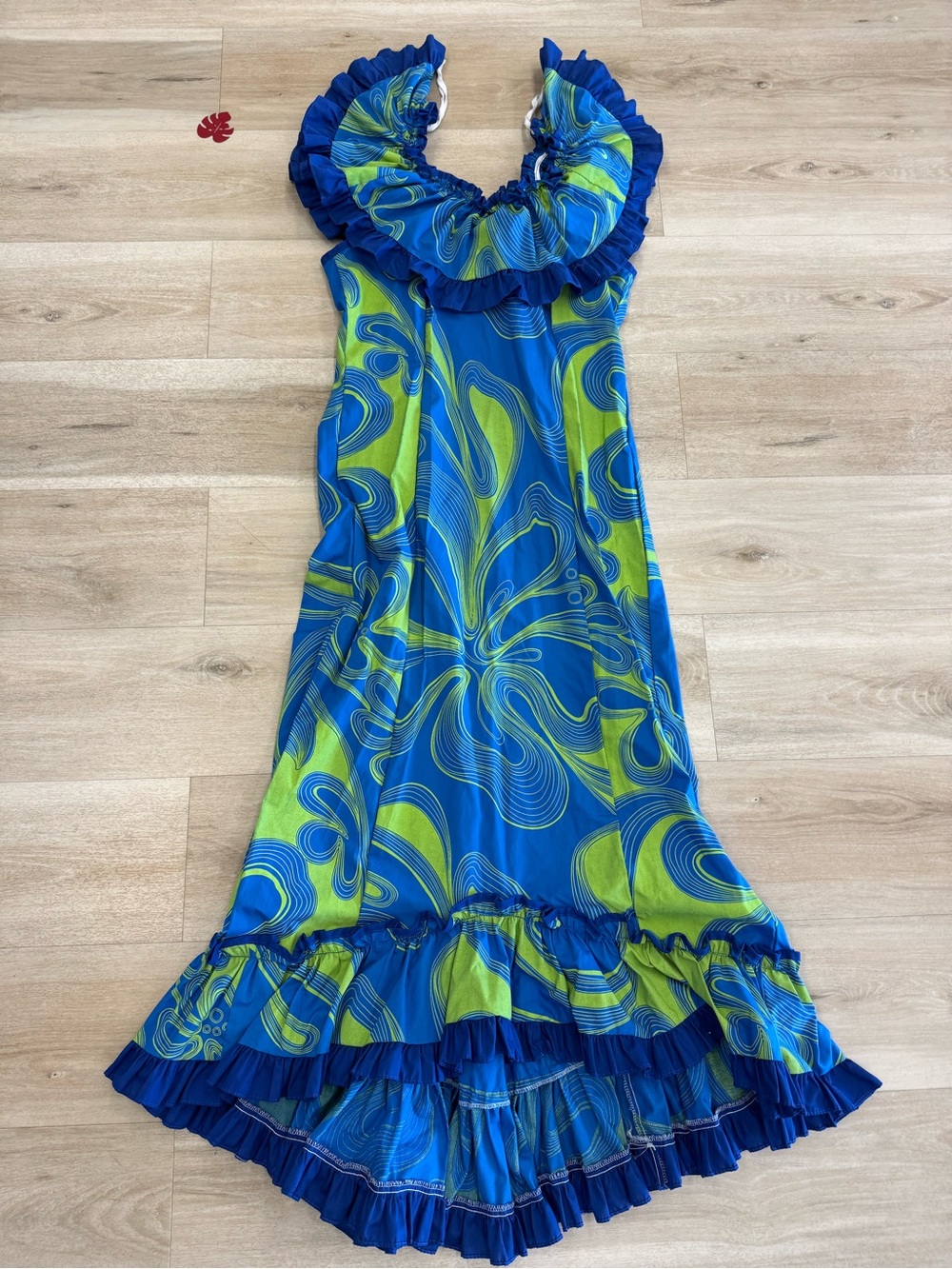 Blue & Lime Floral High-Low Dress with Ruffle Hem